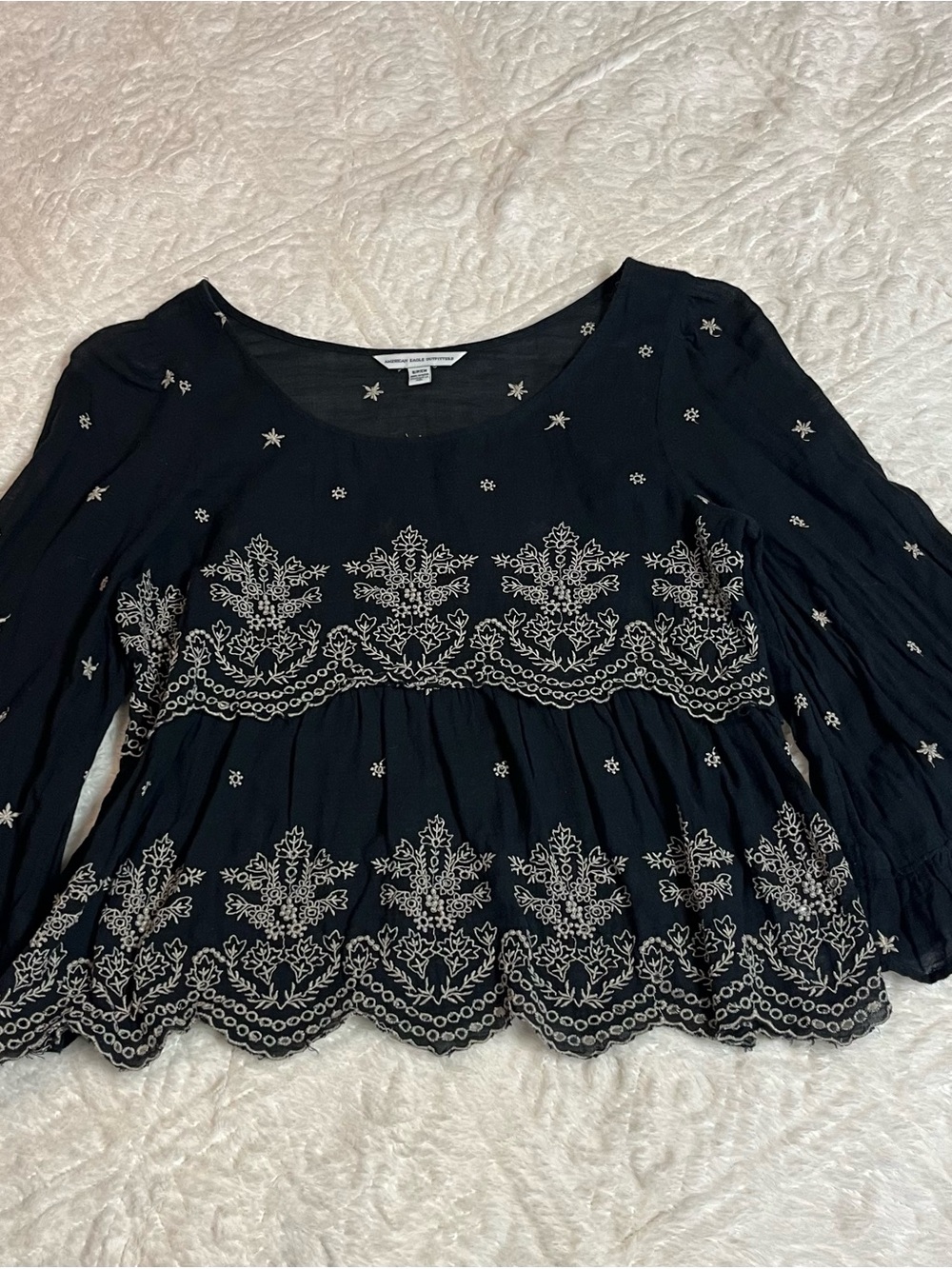 American Eagle Outfitters Black Blouse with Cream Embroidery